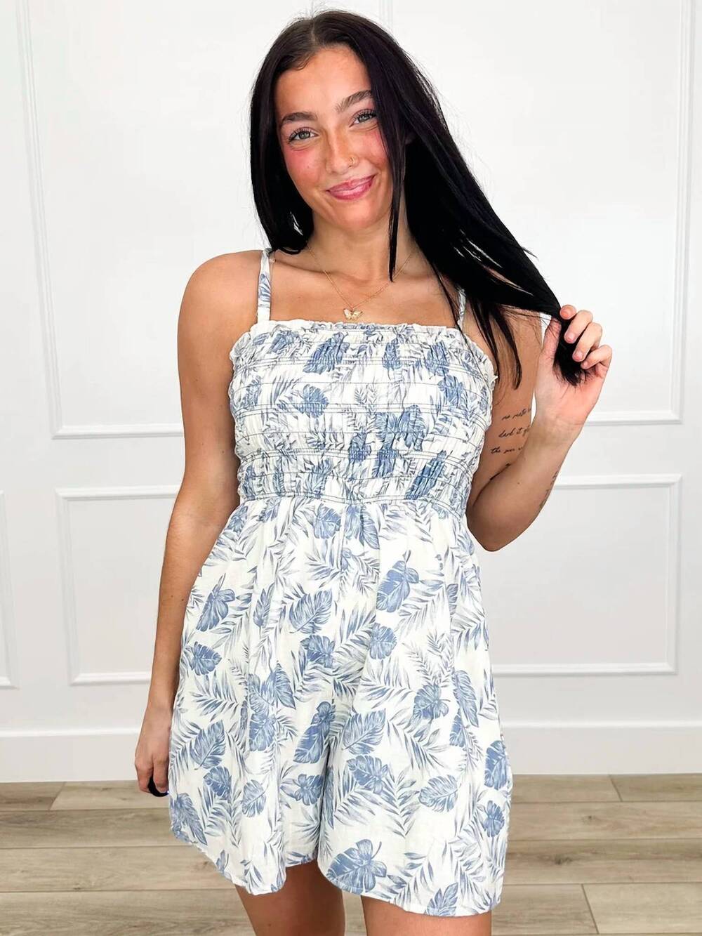 NEW IN FEBRUARY palm leaf smocked romper in blue